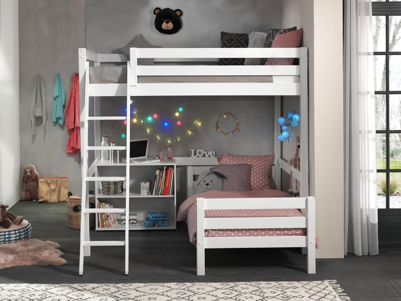 Vipack Winkel Hochbett mit 2 Liegeflächen 140/90x200 cm und Regal, Ausf. weiß lackiert Bild 1