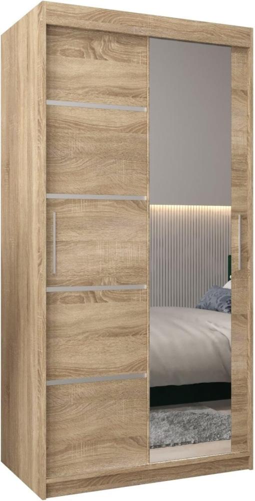 Kryspol Schwebetürenschrank Verona 2-100 cm mit Spiegel Kleiderschrank mit Kleiderstange und Einlegeboden Schlafzimmer- Wohnzimmerschrank Schiebetüren Modern Design (Sonoma) Bild 1