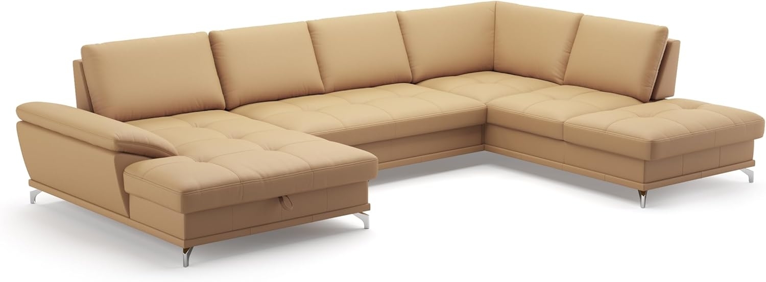Cavadore Wohnlandschaft Castiel mit Federkern / Sofalandschaft mit XL-Longchair, Sitztiefenverstellung, satinierten Metallfüßen / 363 x 89 x 223 / Echtleder, Beige Bild 1