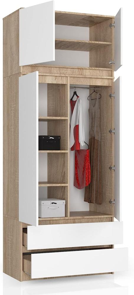 BDW Kleiderschrank 4 Türen, 4 Einlegeböden, Kleiderbügel, 2 Schubladen Kleiderschrank für das Schlafzimmer Wohnzimmer Diele 234x90x51cm (Eiche Sonoma/Weiß) Bild 1