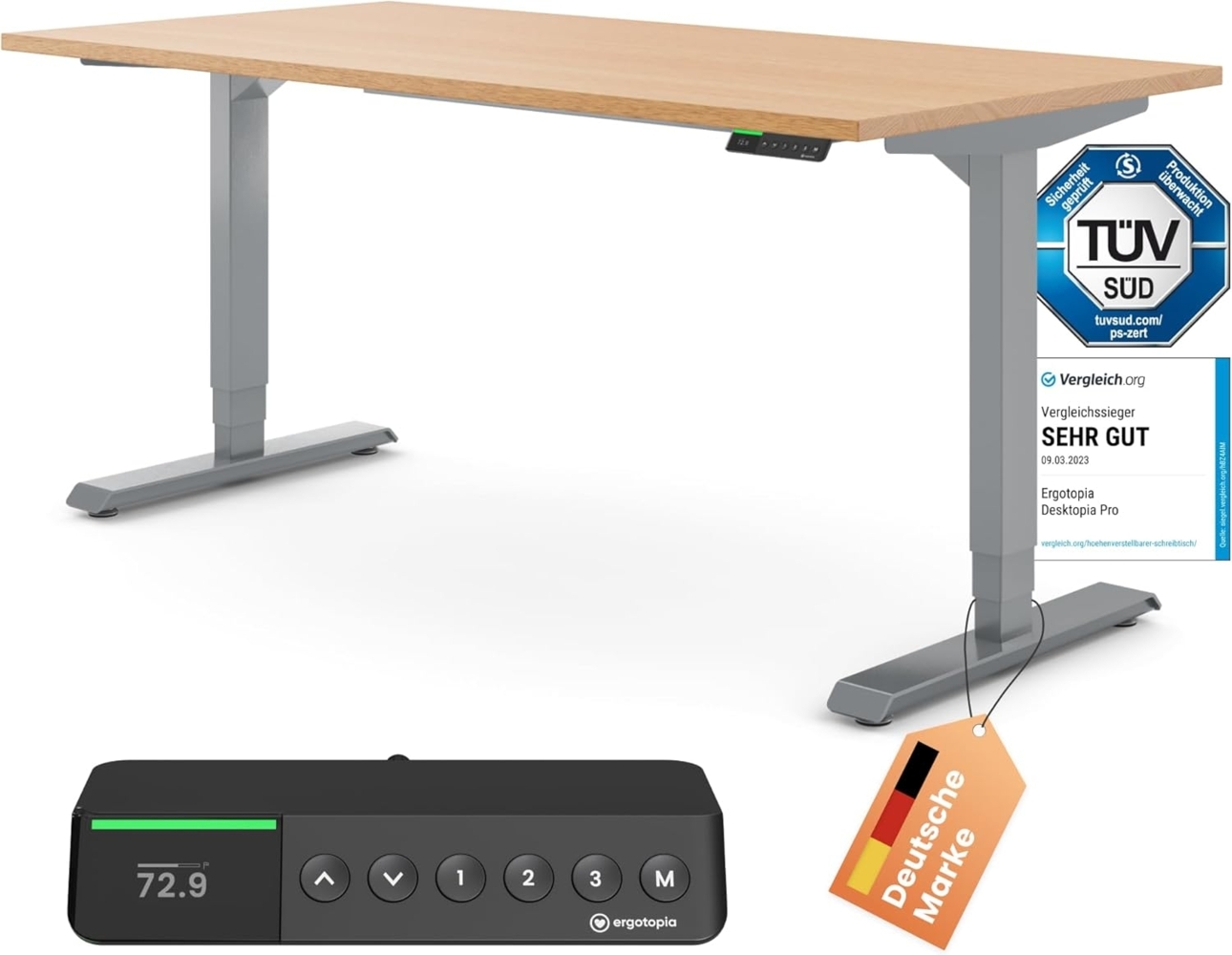 Ergotopia® Desktopia Pro X: elektrisch höhenverstellbarer Schreibtisch, 7 Jahre Garantie, ergonomischer Bürotisch, 9 Speicherplätze & smarte Reminder Funktion(180x80 cm, G, Massivholz Buche) Bild 1