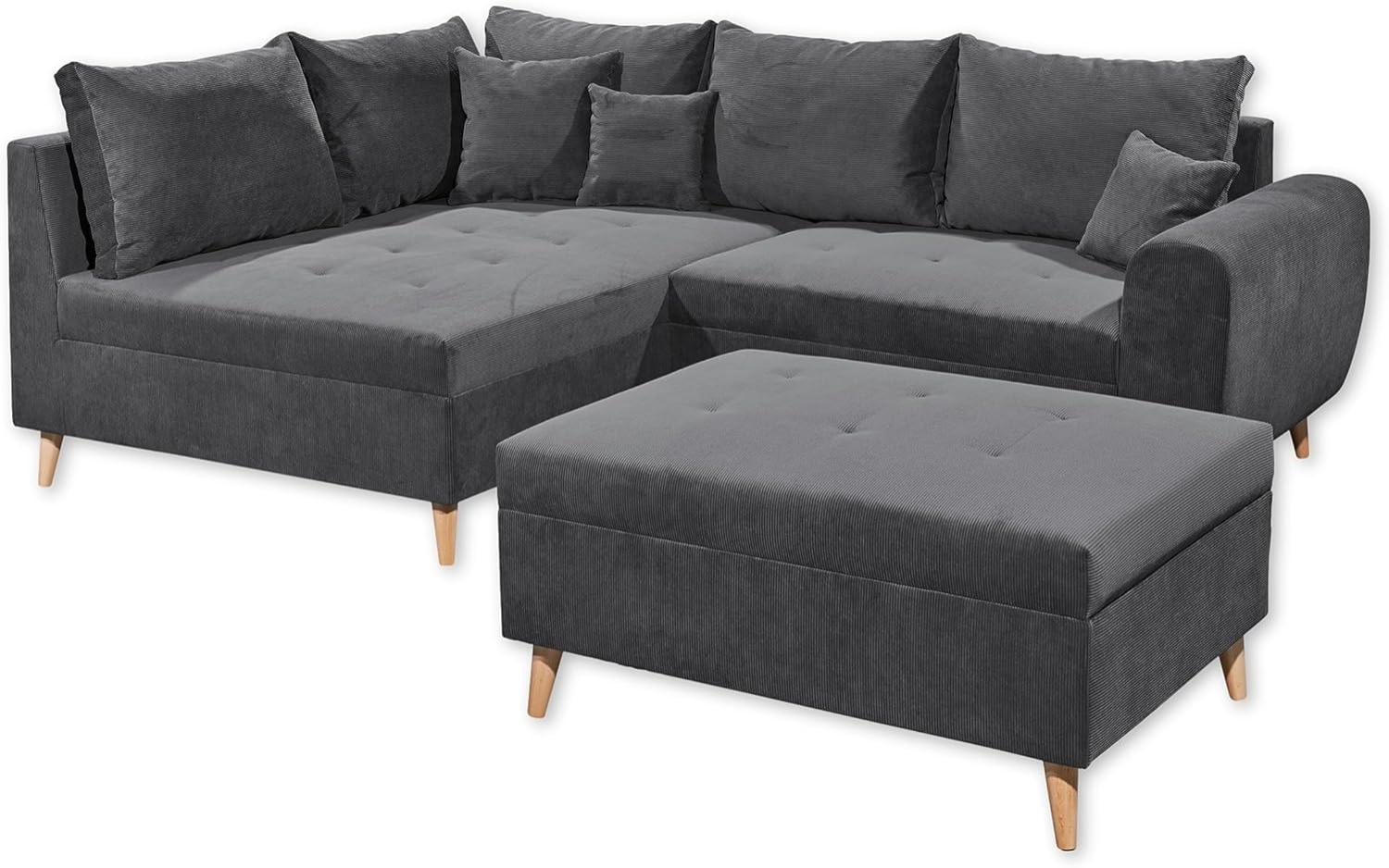 CALANDA Ecksofa mit Hocker, Stoffbezug Anthrazit - Moderne Eckcouch mit Kissen & Massivholz Füßen - 249 x 94 x 175 cm (B/H/T) Bild 1