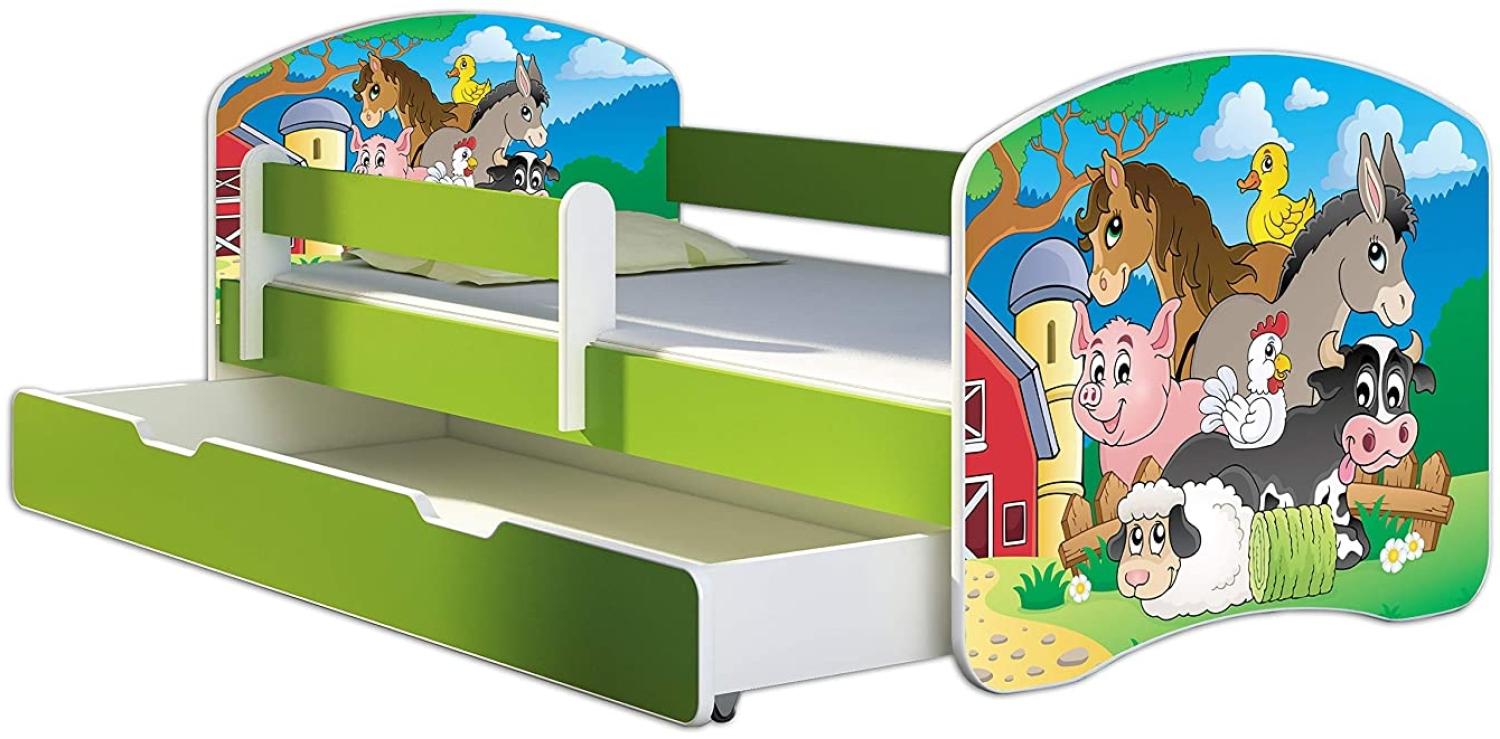 ACMA Kinderbett Jugendbett mit Einer Schublade und Matratze Grün mit Rausfallschutz Lattenrost II 140x70 160x80 180x80 (34 Farm, 140x70 + Bettkasten) Bild 1