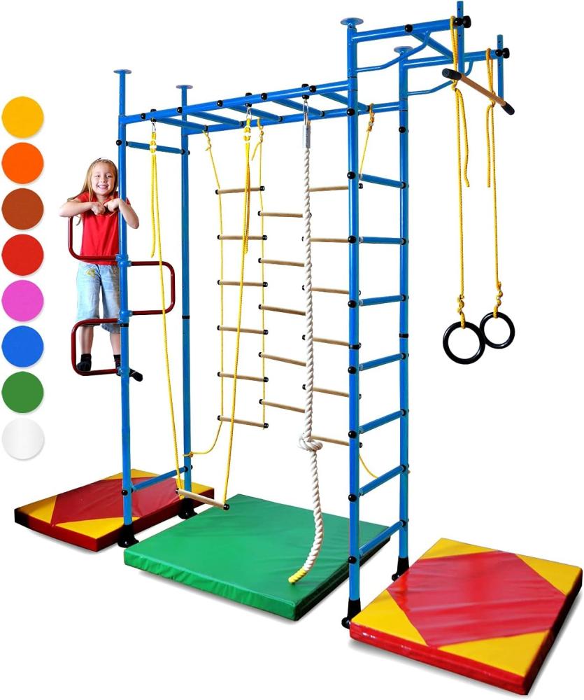 NiroSport Sprossenwand für Kinderzimmer M3 aufbau ohne bohrungen Made in Germany Metallsprossen Blau Raumhöhe 200 - 250 cm Bild 1