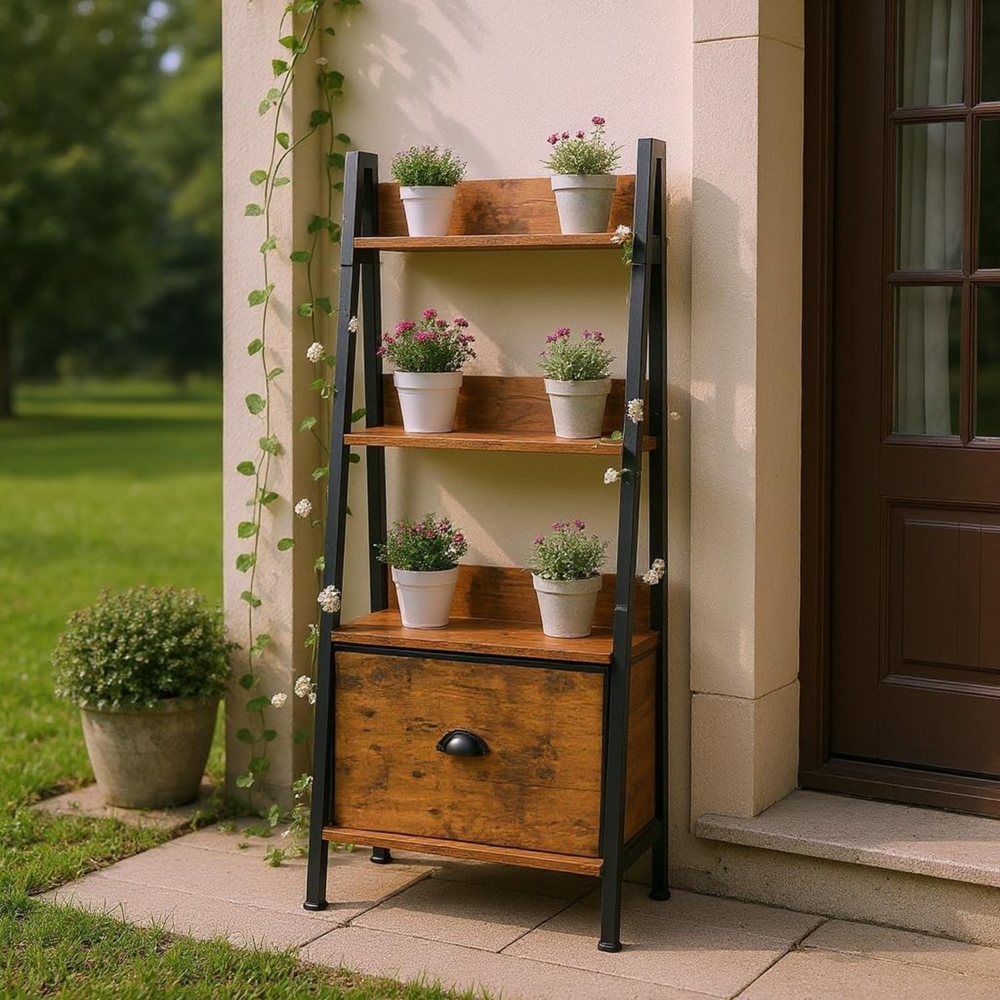 FurnitureR Pflanzenregal Leiterstil 42 x 29 x 110 cm, 4 Ebenen, Stoffschublade, 12 mm Holzplatten & 20 mm Metallrahmen, 7,5 cm Rückwand, Outdoor & Indoor Pflanzenständer Bild 1