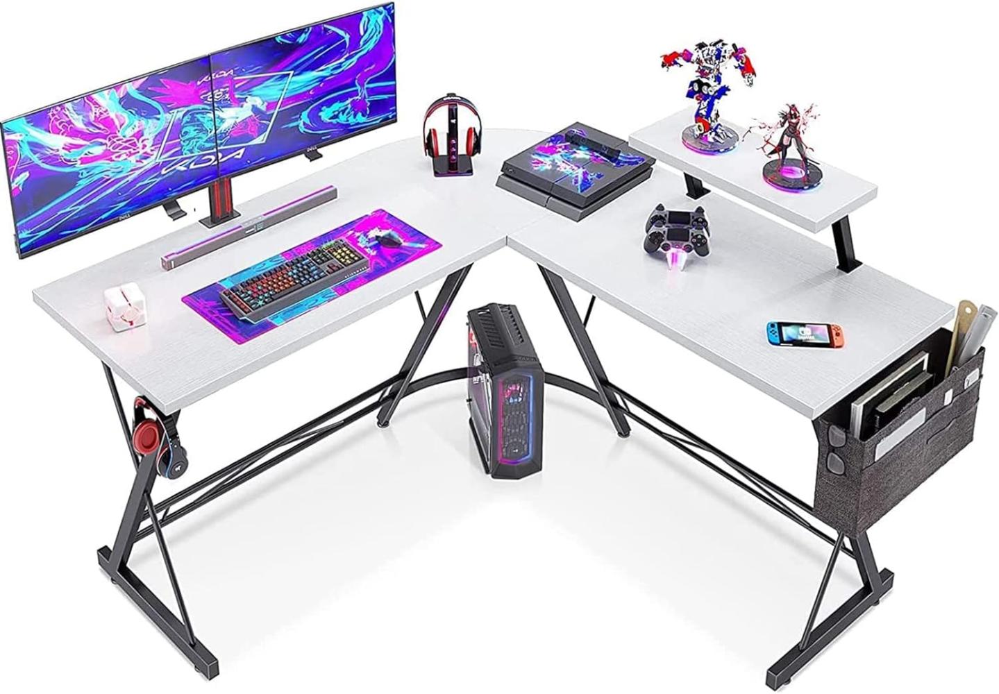 ODK Gaming Schreibtisch, Computertisch, Eckschreibtisch Weiß mit runder Ecke, Gaming-Tisch mit Monitorablage, 127 x 127 cm Bild 1