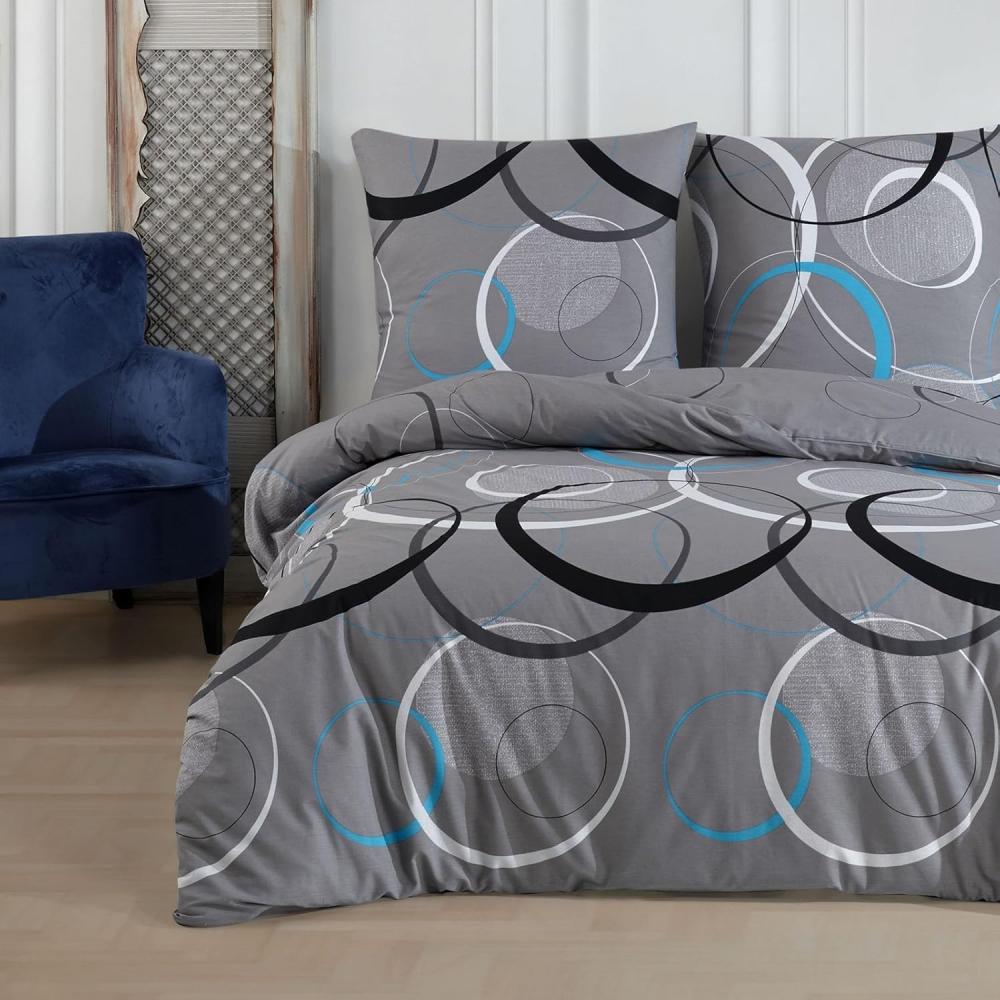 Buymax Bettwäsche Wave, Bettgarnitur, Bettbezug Set, Renforcé: 100% Baumwolle, 3 teilig, mit Reißverschluss, gemustert, Kreise, Grau, Türkis, 200x220 cm Bild 1