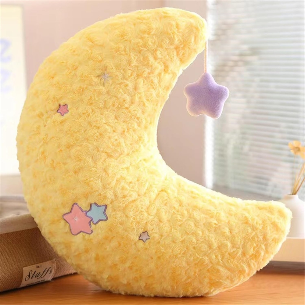 Kuschelkissen Kinder Niedlich Stern Mond Plüsch Kissen Dekokissen Weiche Flauschige Zierkissen Sofakissen für kuschelecke Kinderzimmer Schlafzimmer Deko, 50CM (Gelb,Mond) Bild 1