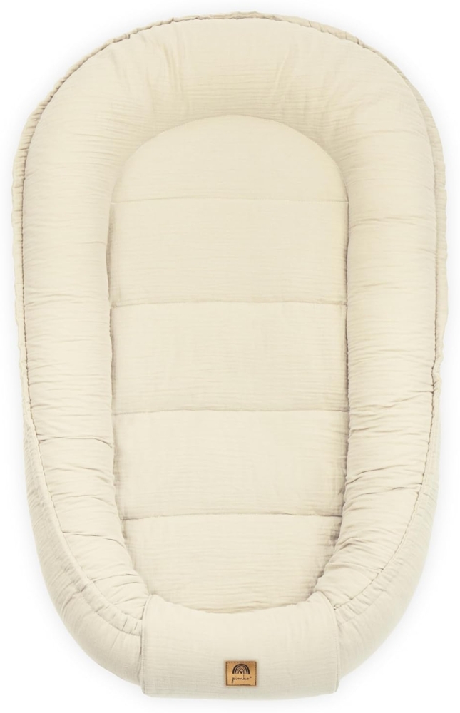 PIMKO Babynest Babynestchen für Baby Kuschelnest Babykokon für Säuglinge und Neugeborene Nestchen 60x90 cm 100% Baumwolle Musselin - Beige Vanille Bild 1
