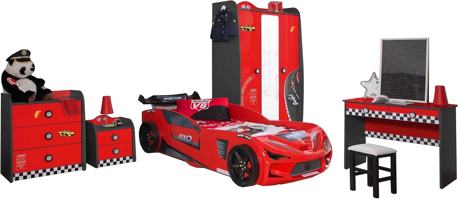 Kinderzimmer komplett Set Autobett Rio 5 teilig Rot inkl. Sportsitze, ohne Matratze, ohne Bettwäsche, Wandregal mit Klappe Bild 1