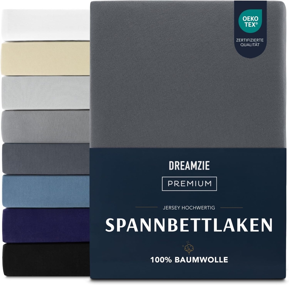 Dreamzie Premium Spannbettlaken 200x200 cm, Spannbetttuch für Dicke Matratzen bis zu 27 cm, Bettlaken 100% Jersey Baumwolle, 150 g/m², Oeko-TEX zertifiziert - Dunkelgrau Bild 1