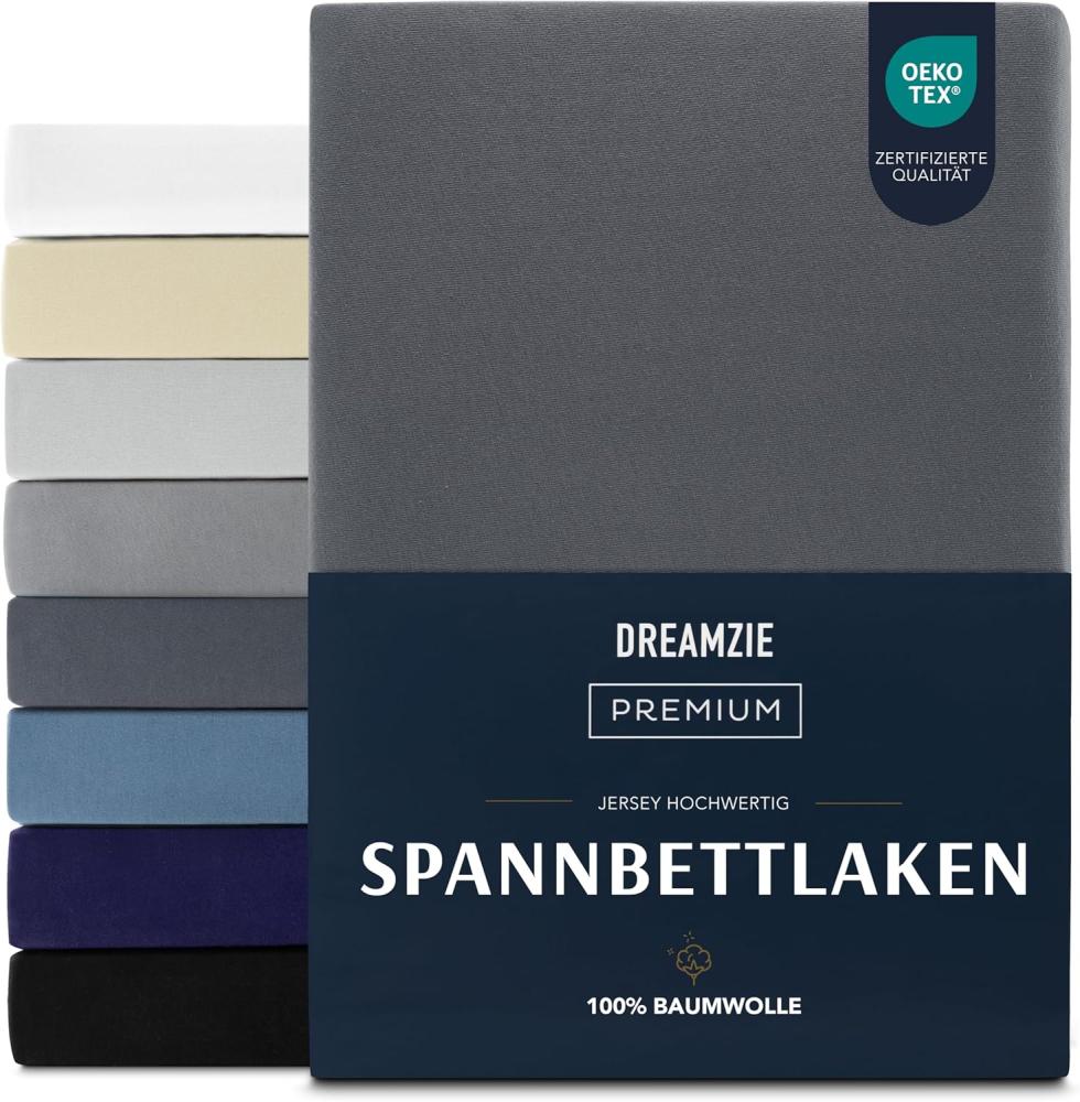 Dreamzie Premium Spannbettlaken 200x200 cm, Spannbetttuch für Dicke Matratzen bis zu 27 cm, Bettlaken 100% Jersey Baumwolle, 150 g/m², Oeko-TEX zertifiziert - Dunkelgrau Bild 1