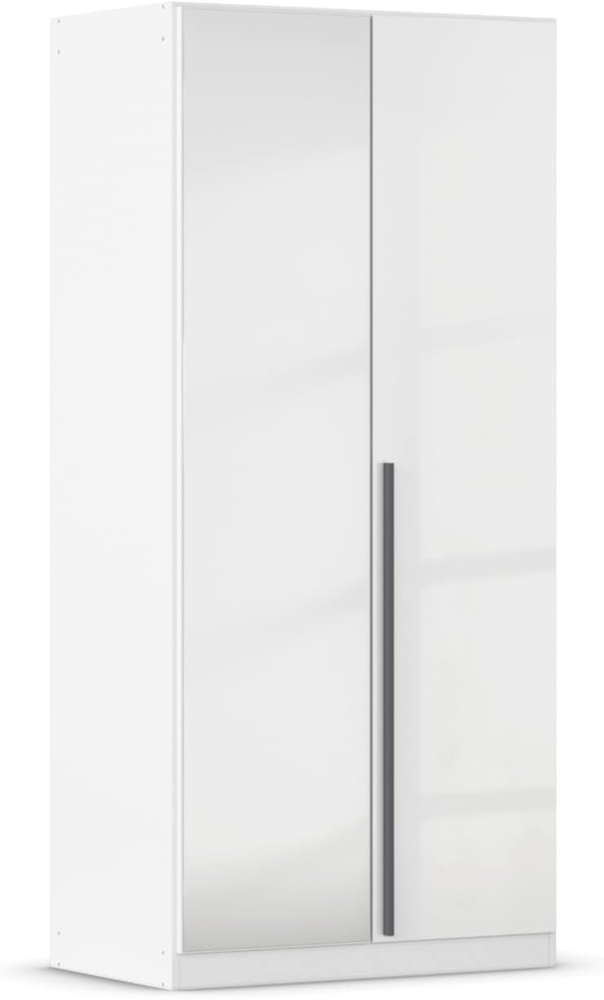rauch Kleiderschrank Alba, Drehtürenschrank, Garderobenschrank, 2-türig, mit Spiegel, mit 1 Kleiderstange, 1 Einlegeboden und Schubladeneinsatz, Farbe Hochglanz Weiß/Weiß, Griffstange Grau metallic, Schwarz, 91x197x54cm Bild 1