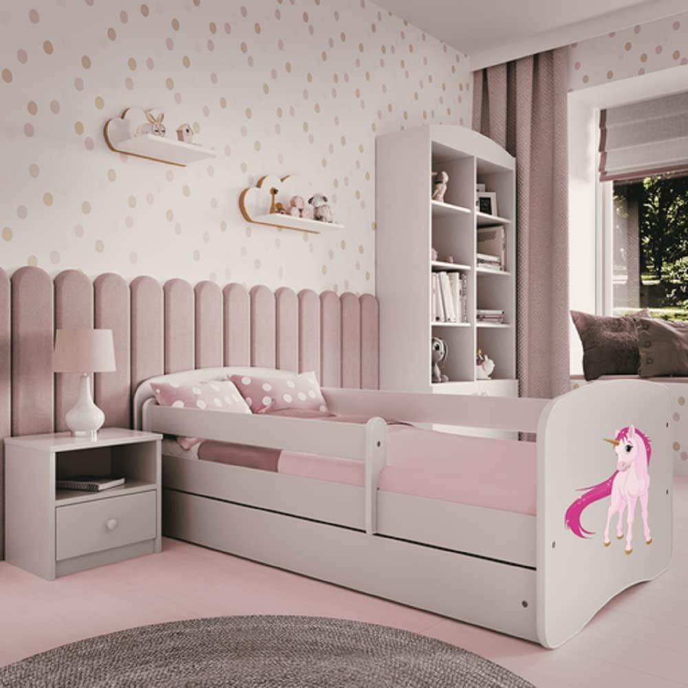 Kinderbett 180x80 mit Rausfallschutz, Lattenrost & Schublade in weiß 80 x 180 Mädchen Bett rosa Einhorn Bild 1