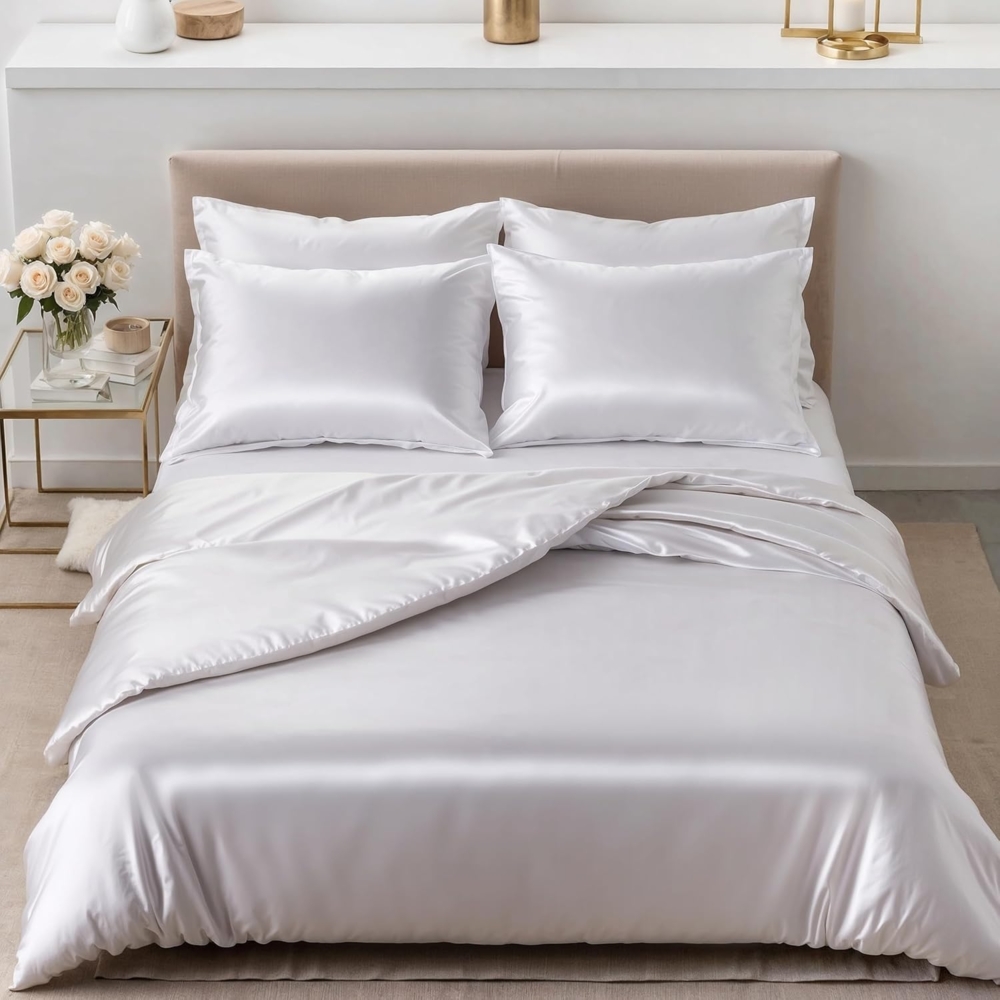 Cozyor Bettwäsche Satin glänzend 135x200, 155x200, 155x220, 200x200cm mit Reißverschluss, Satin, weiß Purity, 3 teilig, glänzend Satin, Bettbezug + Kissenbezug 40x80, besonders weich Bild 1