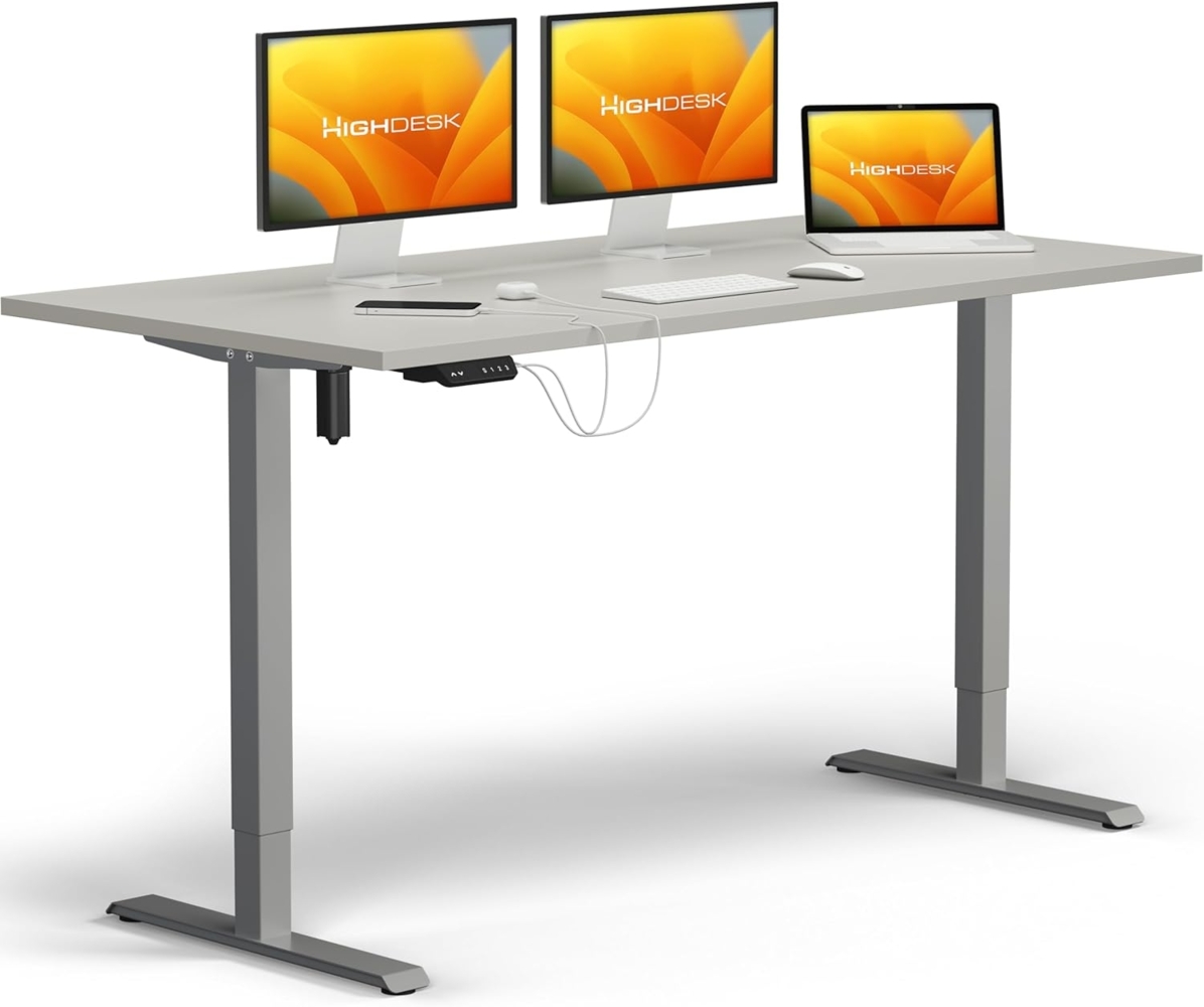 HighDesk SMART Höhenverstellbarer Schreibtisch (Silber + Grau I 160x70 cm) - Elektrischer Sitz- & Stehtisch mit Tischplatte - Stehschreibtisch Elektrisch Höhenverstellbar - von Krieg Bild 1