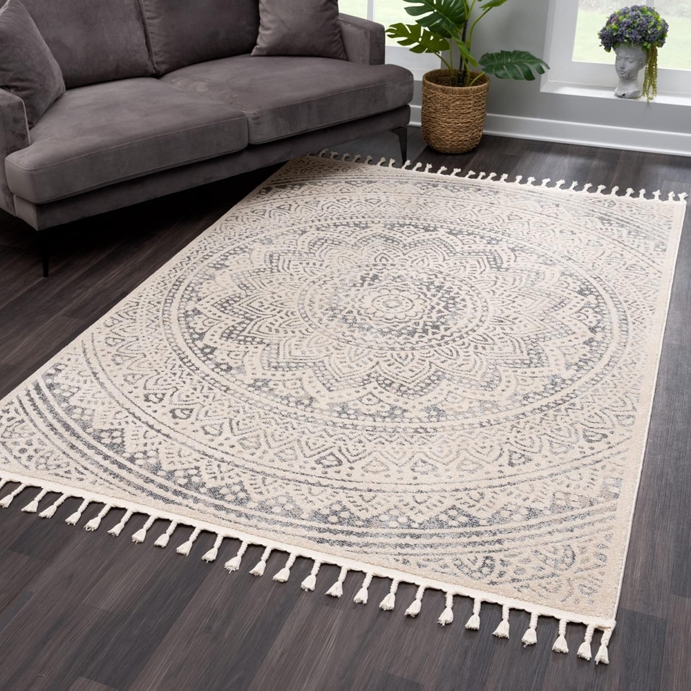 Teppich Wohnzimmer Mandala mit Fransen Deko Boho - Beige Grau – 160x230 cm - Kurzflor Schlafzimmer Flur Dekoration Läufer - Orientalische Teppiche Bild 1