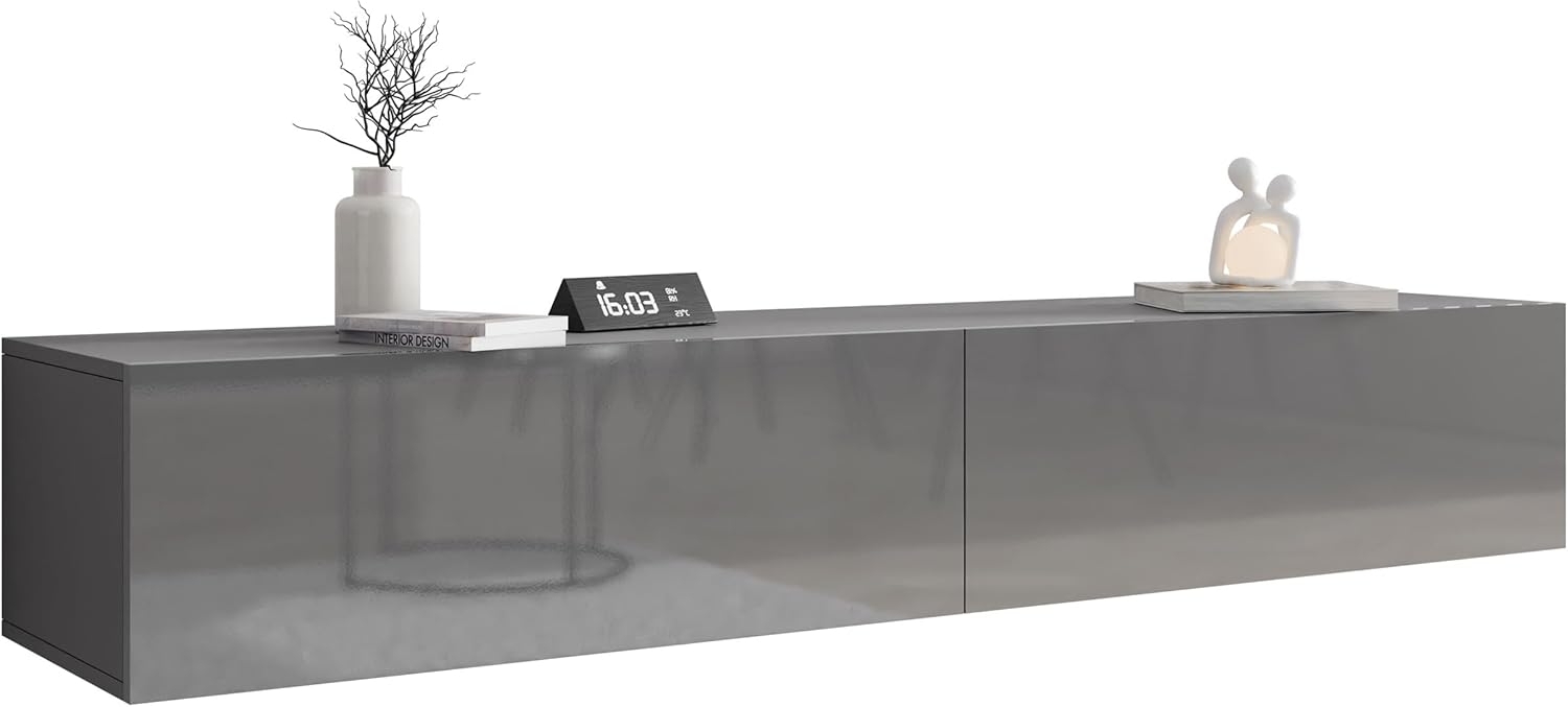 Mirjan24 TV Schrank Vigo, Fernsehschrank, TV Lowboard mit Grifflose Öffnen, Hängeschrank Hochglanz Matt Wohnwand (Länge: 180 cm, Grau/Grau Hochglanz) Bild 1
