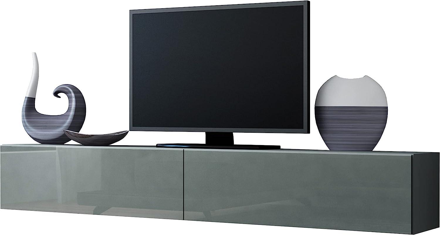 Mirjan24 TV Schrank Vigo, Fernsehschrank, TV Lowboard mit Grifflose Öffnen, Hängeschrank Hochglanz Matt Wohnwand (Länge: 180 cm, Grau/Grau Hochglanz) Bild 1