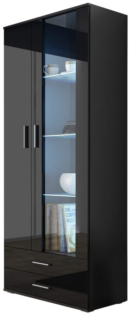 Vitrine mit Blauer LED Beleuchtung SOHO S6 Vitrinenschrank Standvitrine Stauraumvitrine Glasvitrine Schrank Wohnzimmerschrank (Schwarz/Schwarz Hochglanz) Bild 1