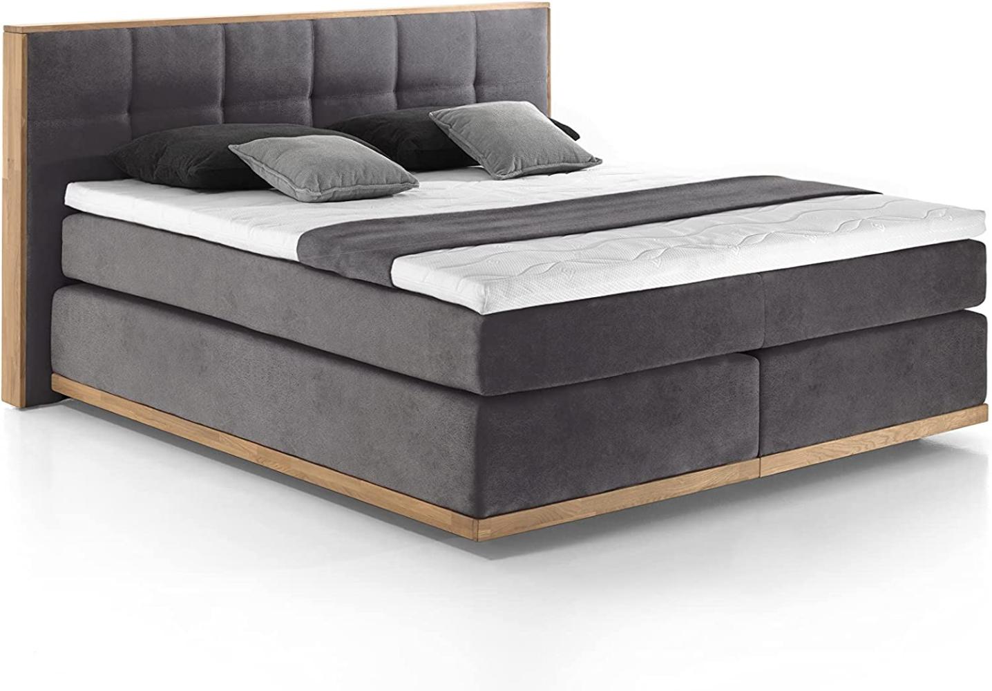 Mivano Levana Boxspringbett mit Sockel aus Eiche, 7-Zonen-Federkern, Matratzen H4 + Topper Premium, Mikrofaser, Anthrazit, Liegefläche 180 x 200 cm Bild 1