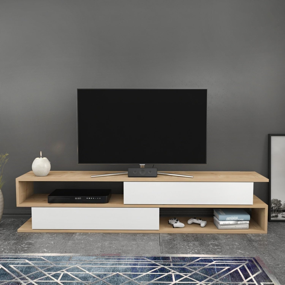 Hanah Home Scandinavian TV Stand, Oak & White, 160 x 35.3 x 38.6 cm | 100% Melamine Coated Particle Board, 18 mm Thick | Stylish & Functional Design for Modern Living Rooms Bild 1