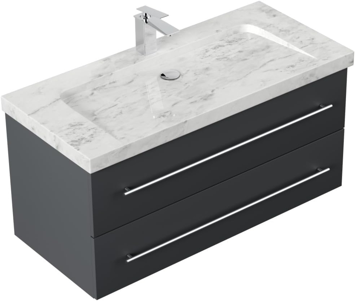 Badmöbel Marmor Carrara White Damo 100 cm 1 Hahnloch SoftClose grafit : Grafit Bild 1