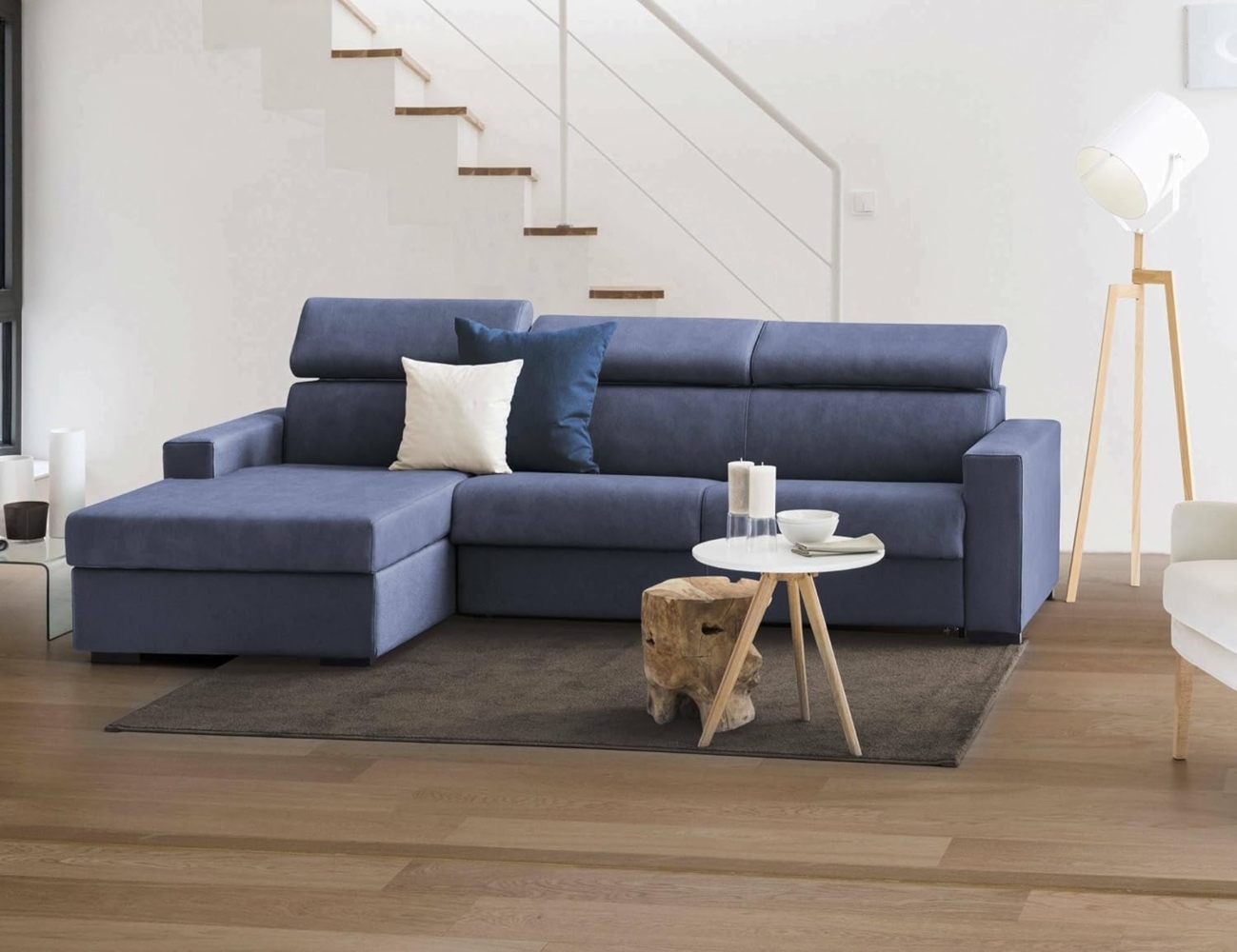 Talamo Italia - Schlafsofa mit Halbinsel Aleandra, drehbares Sofa zum Öffnen, linke Aufbewahrungshalbinsel, schmale Armlehnen, 100 % Made in Italy, 260 x 95 x 85 cm, Blau Bild 1