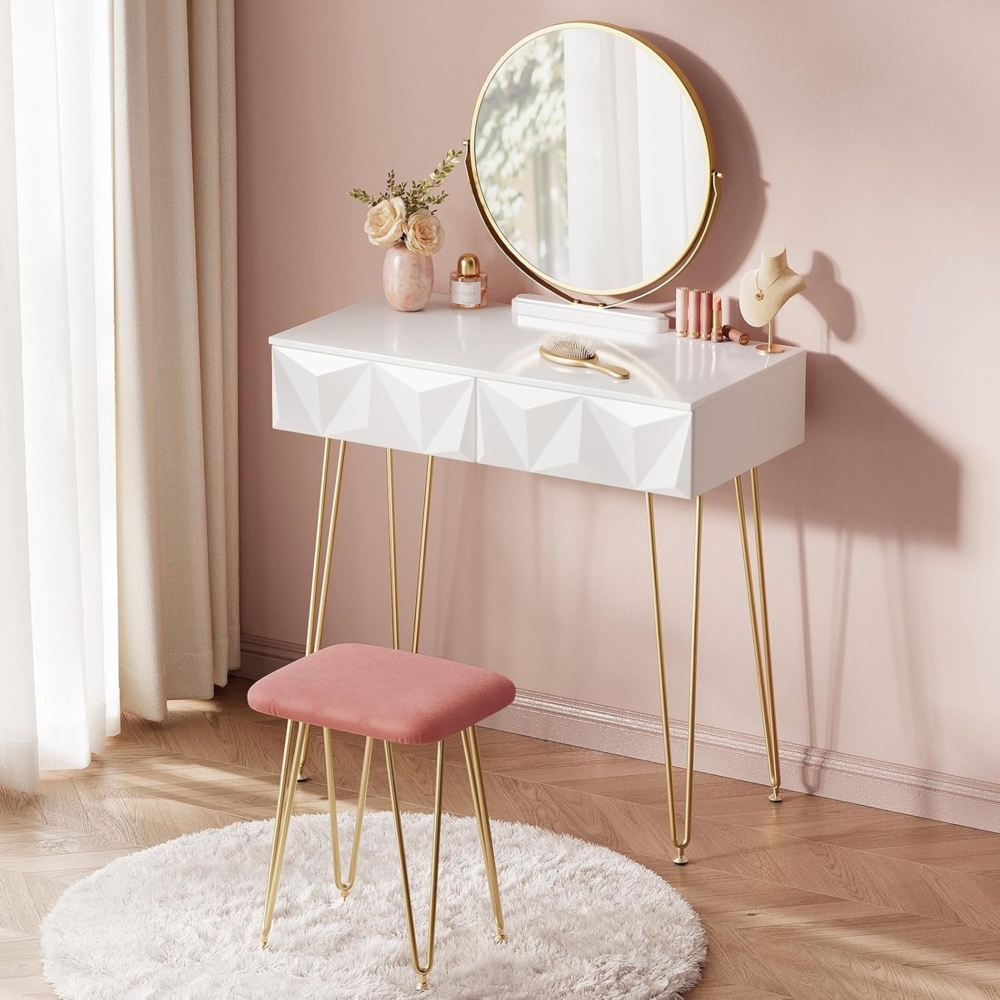 EUGAD Schminktisch mit Hocker und Spiegel, 360° schwenkbar Schminkspiegel, Frisiertisch Kosmetiktisch mit 2 Schubladen, gepolsterte Samthocker, 3D Effekt Schublade, Weiß und golden Bild 1