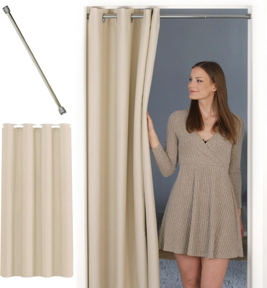 tinycurtains Türvorhang mit Stange silber 55-90 cm ohne Bohren, Thermo Vorhang mit Magneten, Ösen, abdunkelnd, Polyester, blickdicht, beige Driftwood, Türgardine mit Klemmstange verdunkelnd Bild 1
