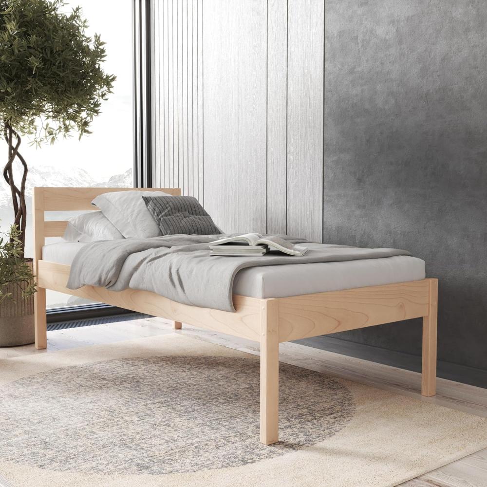 Seniorenbett 80x200 cm Anu Scandi Style aus hartem FSC® Birken Vollholz - über 700 kg - Holzbett 55 cm hoch mit hohem Kopfteil - Stabiles Einzelbett für Senioren Bild 1