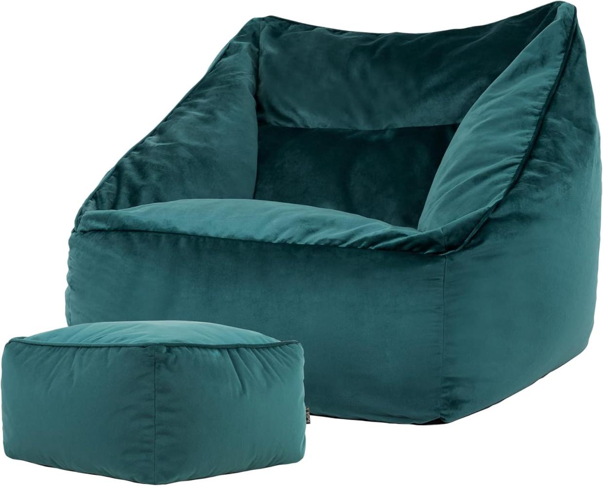 Icon Riesen Sitzsack Sessel „Natalia“ mit Hocker, Blaugrün, Plüsch XXL Sitzsack Erwachsene mit Füllung für das Wohnzimmer, Riesensitzsack Sofa XXL Bild 1