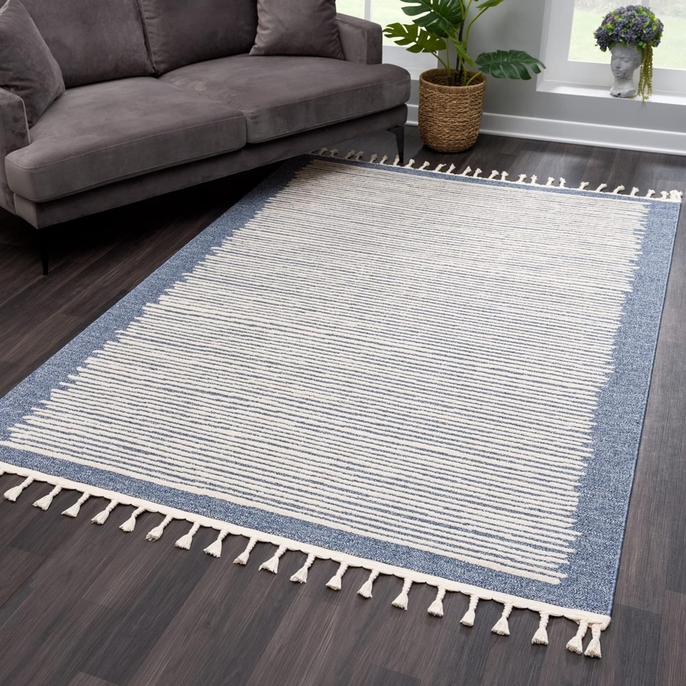 Teppich Wohnzimmer mit Fransen Deko Boho – Blau Cream-Streifen – 140x200 cm - Kurzflor Schlafzimmer Flur Dekoration Läufer - Skandinavische Teppiche Bild 1