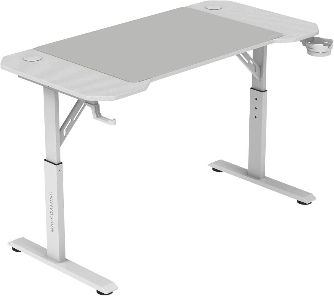 MARSGAMING MGD-ERGO120, Höhenverstellbarer Gaming-Tisch 3 Positionen, Ergonomische Oberfläche, Metallstruktur, XXL-Mauspad, Headset- und Getränkehalter, Kabelmanagement, Gaming Desk 120x60 cm, Weiß Bild 1