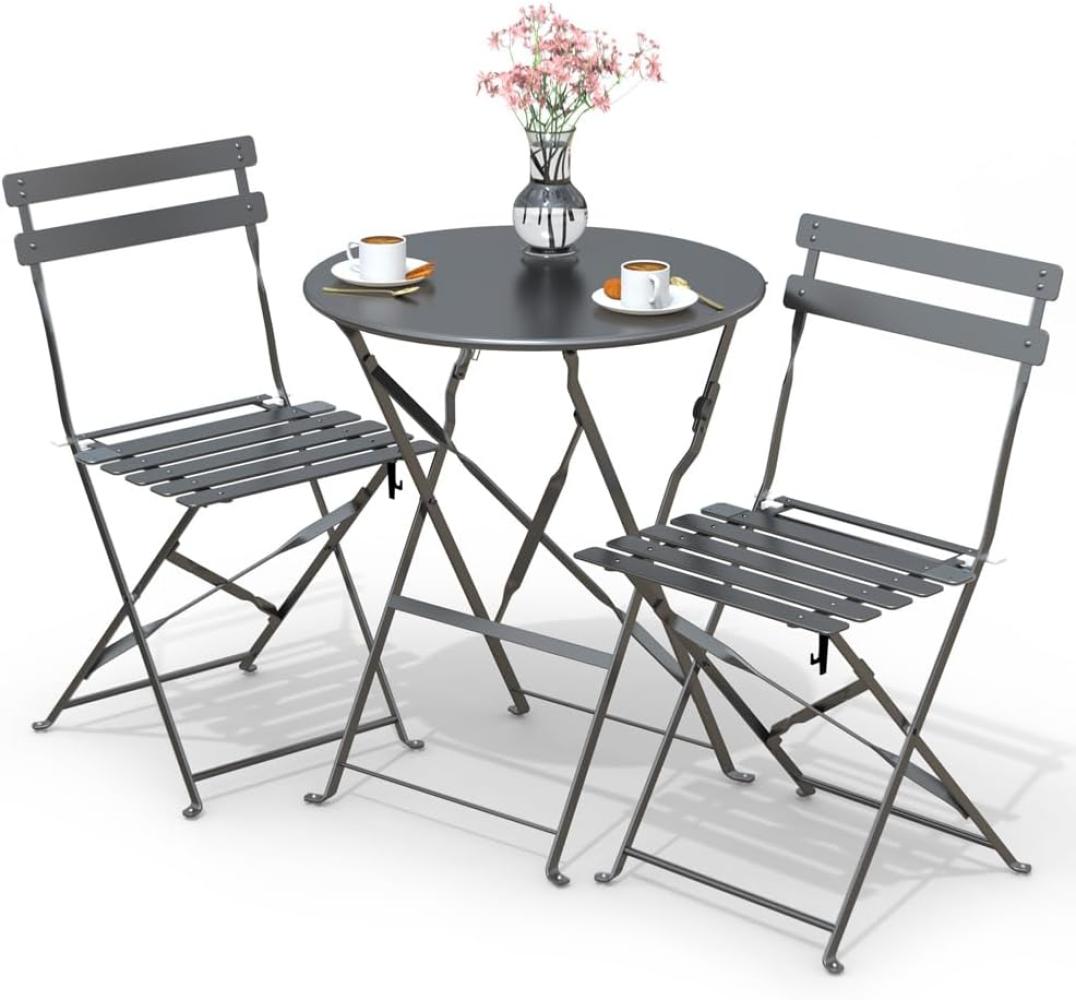 VOUNOT Bistroset 3-teilig, Klappbar Bistrotisch mit 2 Stühlen, Gartenmöbel Set Balkonset Gartengarnitur, Sitzgruppe Metall, Bistro Set Outdoor, Grau Bild 1