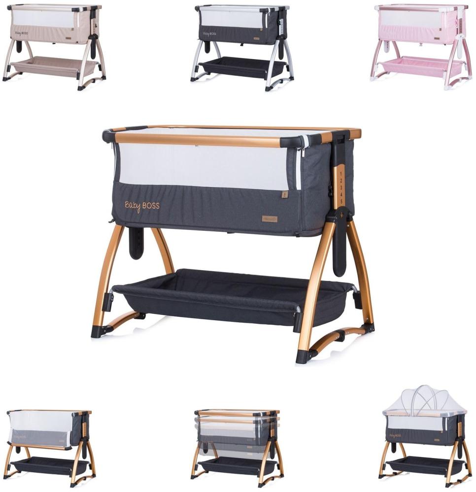 Chipolino Beistellbett Baby Boss Matratze, Moskitonetz, Schaukelfunktion, Räder grau Bild 1