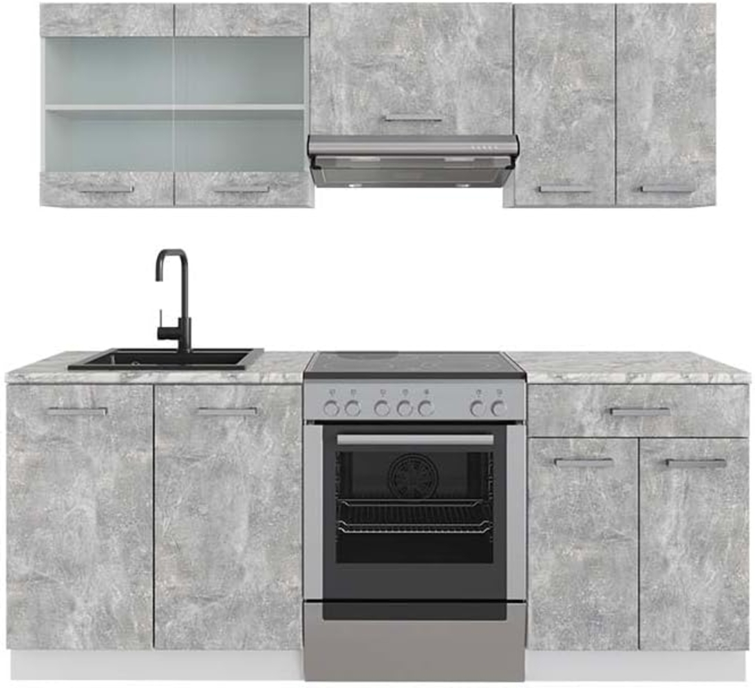 Vicco Küchenzeile Küchenblock Einbauküche R-Line 200 cm Küchenmöbel KüchenschränkeSpülenunterschrank Schubunterschrank Glas Hängeschrank (Weiß-Beton, mit Arbeitsplatten) Bild 1