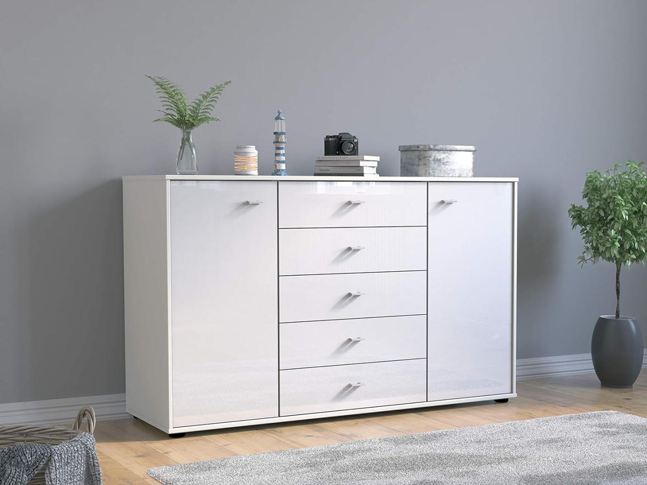 WIEMANN Rialto Kommode, Kombikommode, mit Schubladen, für Schlafzimmer, Sideboard, Breite 141 cm, Glas weiß, Griffe chrom, Holz, B/H/T 141 x 86 x 43 cm Bild 1