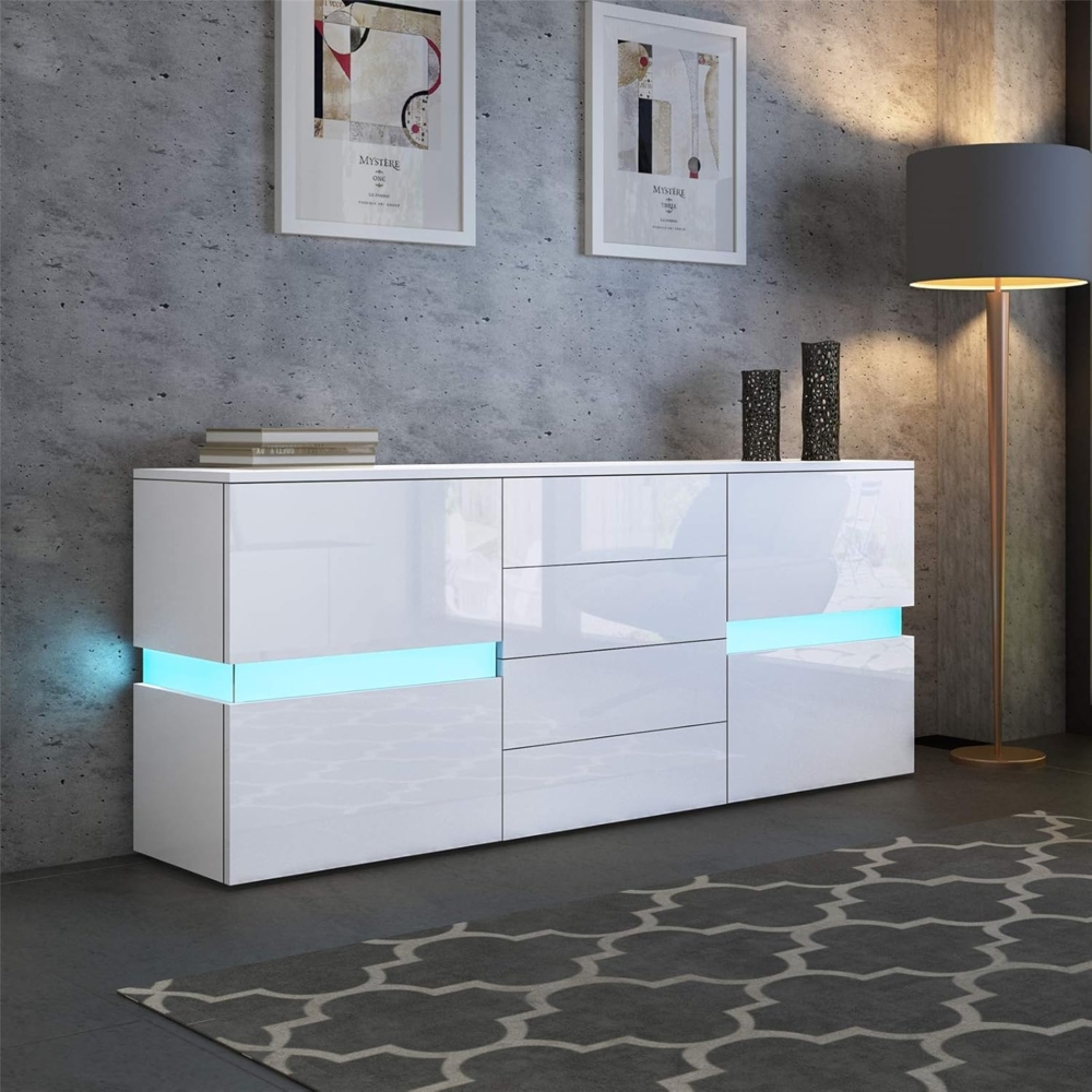 Sideboard Schrank Modern Wohnzimmer Anrichte Möbel 2 Türen 4 Schubladen Hochglanz TV Lowboard mit LED Licht 177 x 35 x 72 cm - Weiß Bild 1