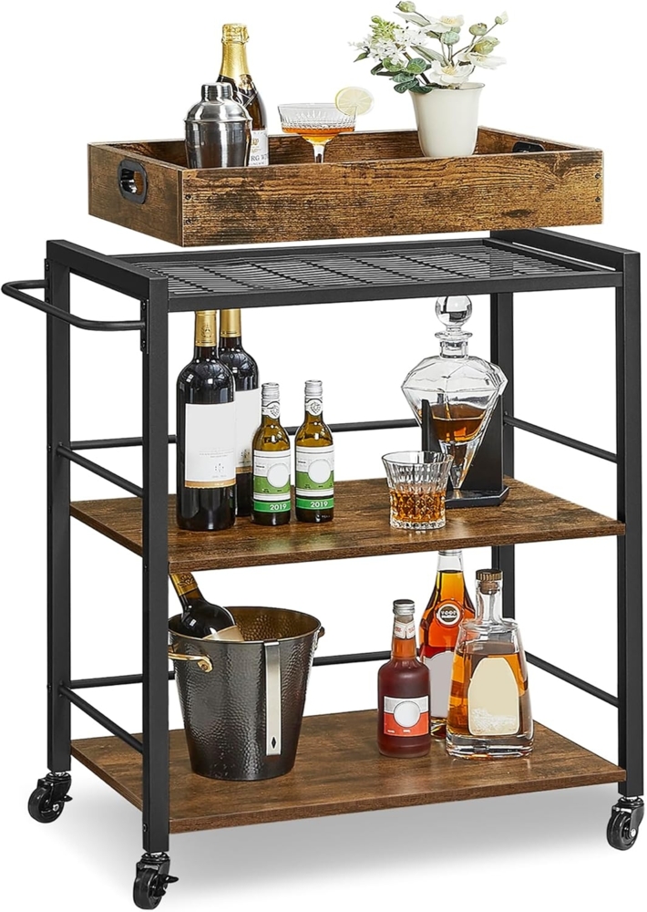 Vasagle Servierwagen mit abnehmbarem Tablett, feststellbarer Küchenwagen mit Universalrollen, Küchenregal, 65 x 40 x 86 cm, stabiles Metallgestell, Industrie-Design, Vintage, dunkelbraun von Songmics LRC72X Bild 1
