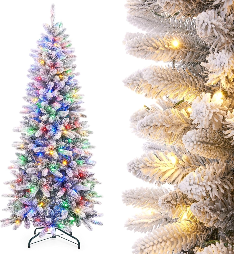 Yorbay Künstlicher Weihnachtsbaum Künstlicher Slim Tannenbaum aus PE und PVC, mit LED Beleuchtung, 180 / 210 cm auswählbar, mit Ständer, Schneeflocken, Schlankes Design, Weihnachtsbaum Christbaum für Weihnachten-Dekoration Bild 1