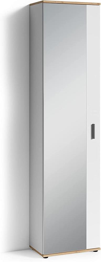 byLIVING Spiegel-Schrank JAKOB / Eintüriger Hochschrank mit Spiegeltür / weiß - Artisan / Griffe silber-farben / Tür variabel rechts oder links / 5 Fächer / Garderoben-Schrank / B 49, H 196, T 30 cm Bild 1