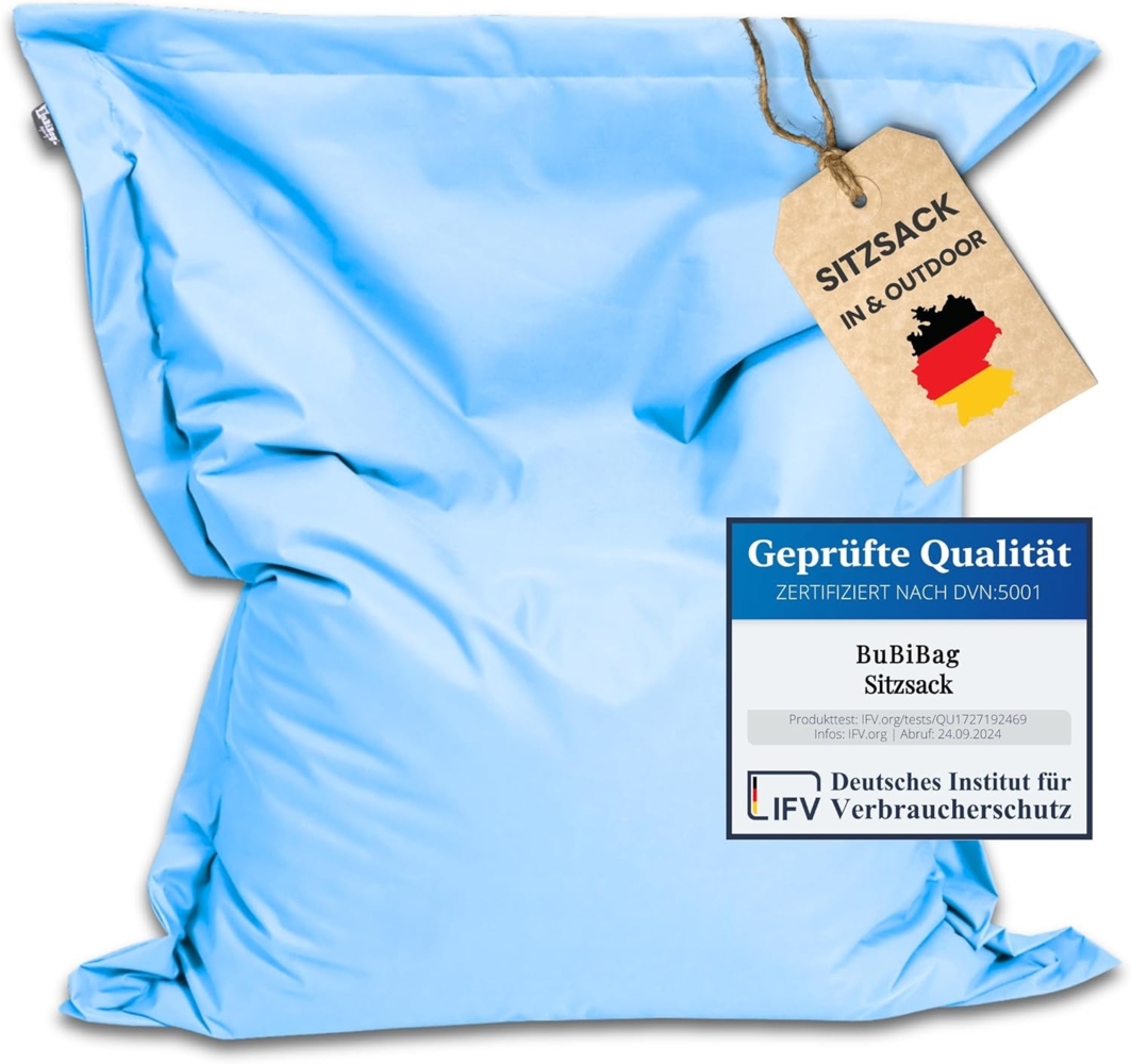 BuBiBag XXL Sitzsack, Outdoor Sitzsäcke für Kinder und Erwachsene, Bodenkissen Beanbag Fatboy wetterfest (Hellblau 190x145cm) Bild 1