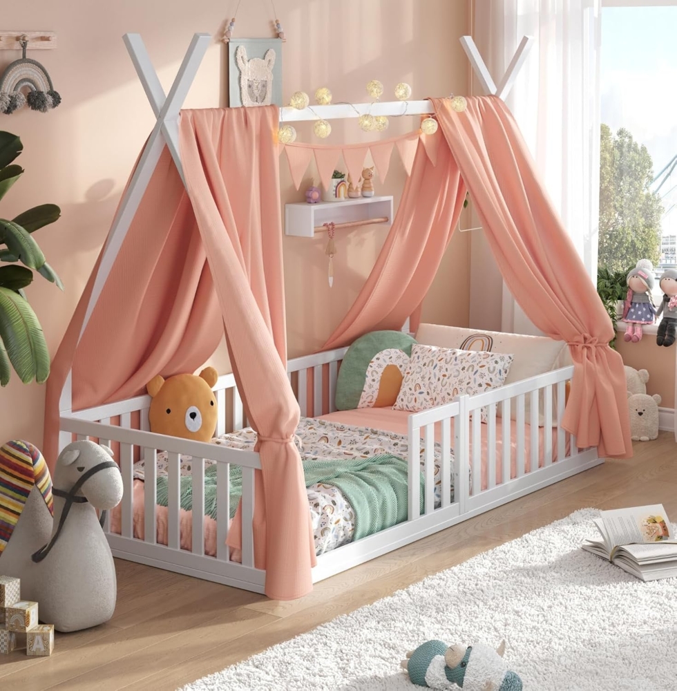 Alavya Home® Kinderbett Hausbett Bodenbett SKY SET mit Deko und Matratze I FSC® zertifizierte (Hausbett 80x160 cm SET mit Decoration Rosa, Matratze, Rausfallschutz & Lattenrost Kinderbett 80x160), bodentiefes Jugendbett weiß massiv BUCHE für Junge Mädchen Bild 1