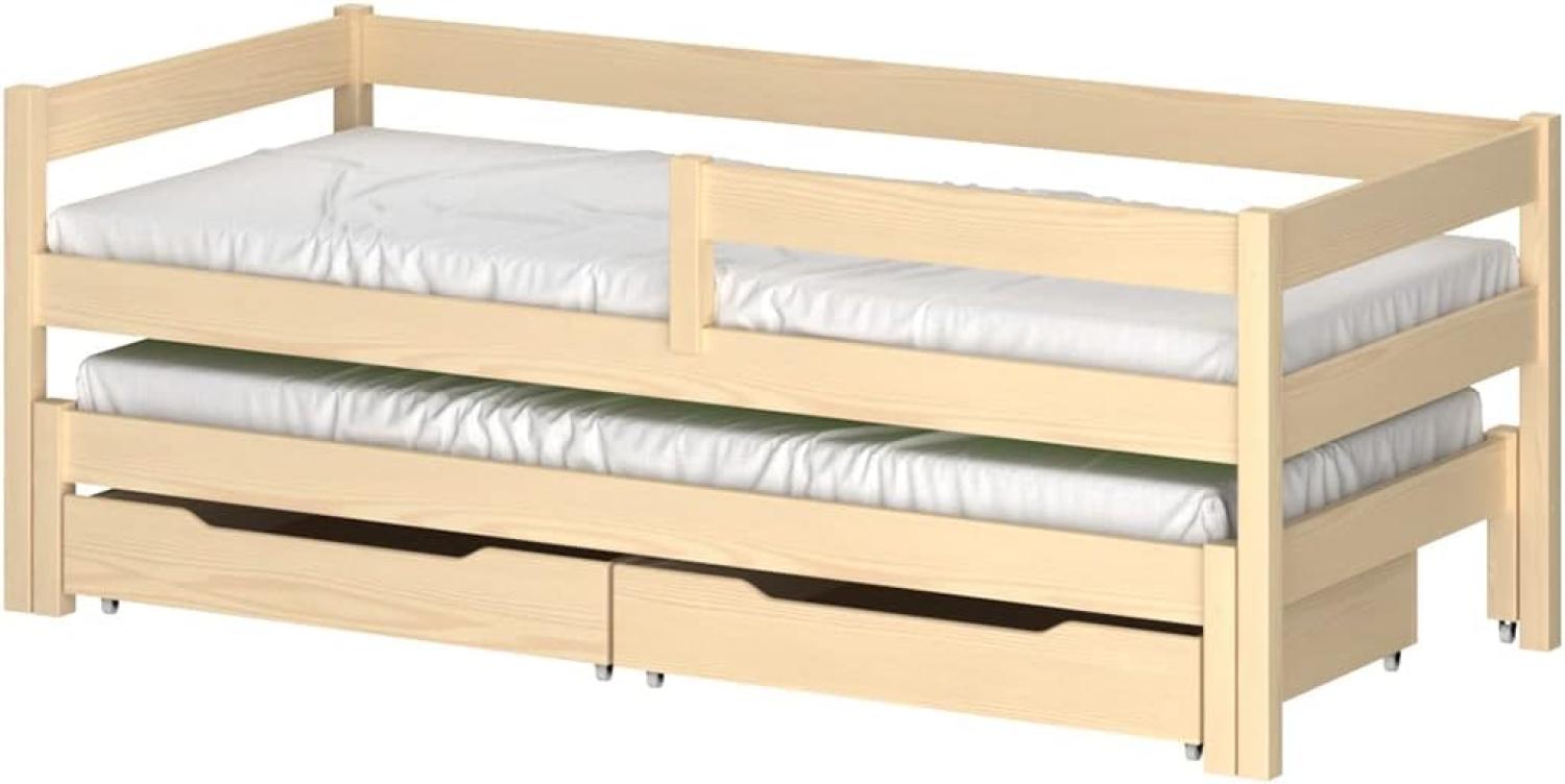 WNM Group Kinderbett Ausziehbar JULA mit Rausfallschutz und Lattenrost - Bett mit Schubladen - Ausziehbett für Jugendliche - Jugendbett - Funktionsbett - Gebleichte Eiche - 80x180 80x170 Bild 1