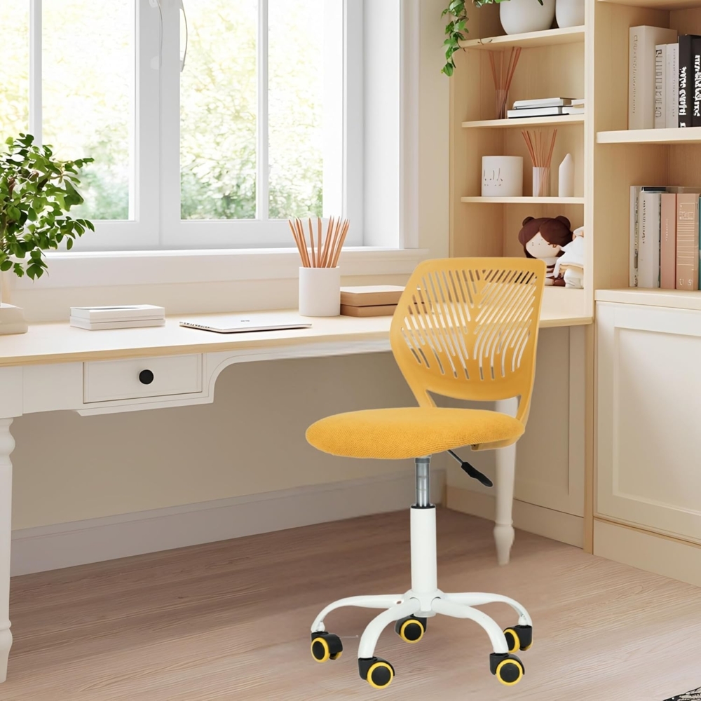 FurnitureR Bürohocker ergonomisch, höhenverstellbar, drehbar, ohne Armlehnen, Netzrückenlehne, Sitzfläche 38x40 cm, Rückenlehne 32cm, 130kg Tragkraft, Metallfuß mit Rollen, Ochrgelb Bild 1