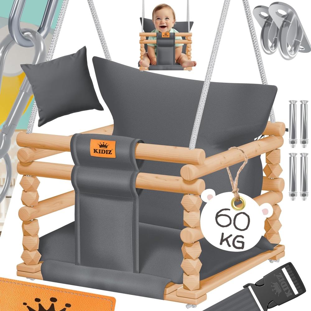 KIDIZ® Babyschaukel Kinderschaukel Schaukelsitz mit Polsterung | Holz-Schaukel mit Anti-Kipp bis 60KG | Höhenverstellbar Indoor & Outdoor | 0,5 - 3 Jahre | Montagezubehör & Sicherheitsgurt Anthrazit Bild 1