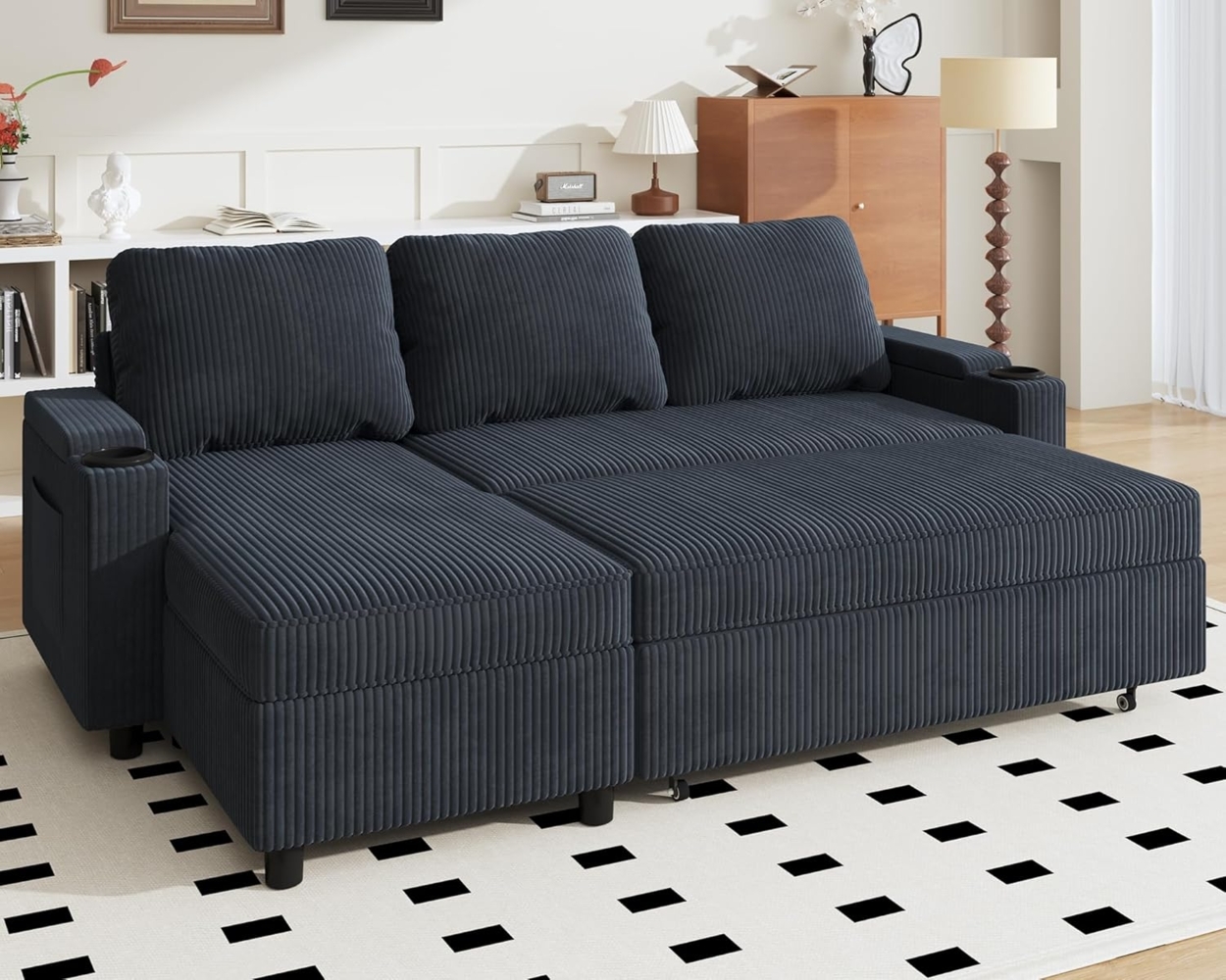 JUMMICO Schlafsofa mit Bettkasten L Form Sofa mit Schlaffunktion 3 Sitzer Couch klein Ecksofa Schlafcouch Ausziehbar Wohnlandschaft für Wohnung und Wohnzimmer Corduroy Blauschwarz Bild 1