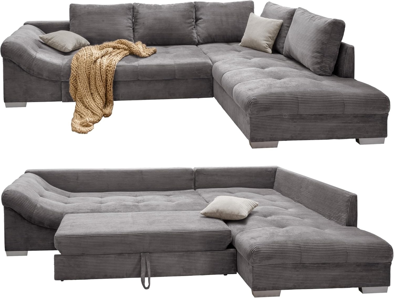 luma-home Ecksofa 17201, mit Bettfunktion 298x202 cm, Wellenunterfederung, Ottomane rechts, Bezug Cord Grau Bild 1