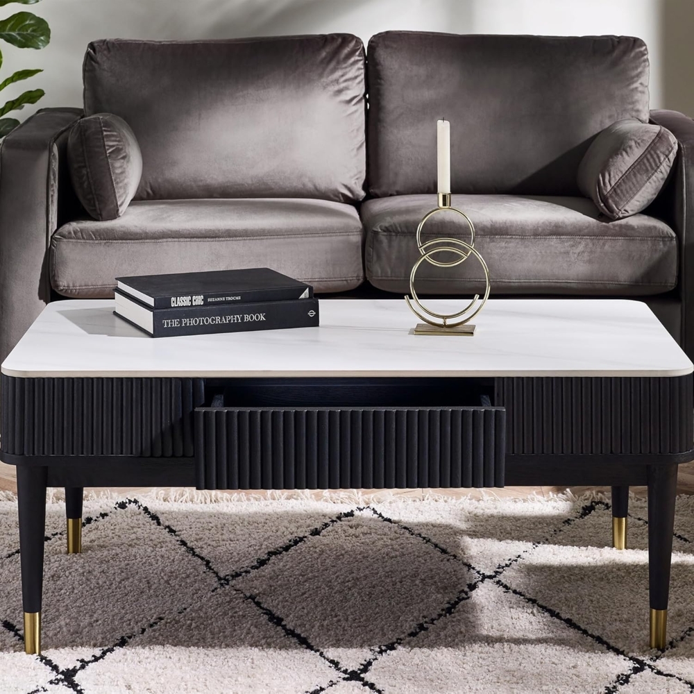 Julian Bowen Louis Couchtisch mit geriffelter Steinplatte und 2 Schubladen, Eschenholz, weißer Marmor/Schwarz, 110x65 cm Bild 1